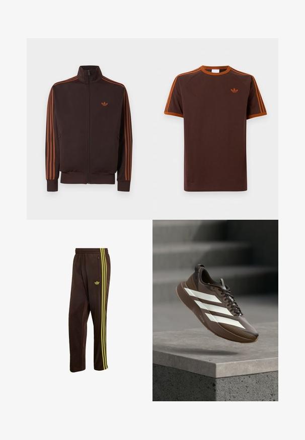 Dark brown zip-up track jacket with orange three stripes on sleeves and small orange Adidas logo on chest, standing collar, front pockets.; Brown short-sleeve T-shirt with orange trim, orange three stripes on sleeves, and small orange Adidas trefoil logo on the left chest.; Dark brown track pants with three vertical lime green stripes on the side, zippered pocket, elastic waistband, and Adidas logo on thigh.; Brown athletic shoe with white stripes and black laces floating above a concrete ledge with gray stairs in the background.