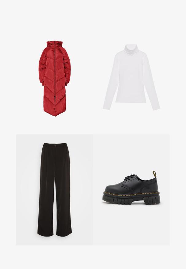 Lang rød dunjakke med hætte, der har en lynlås foran, chevron-quilting og elastiske manchetter. Fremstillet af et skinnende, isoleret materiale.; Hvid langærmet turtle-neck top lavet af glat, strækbart stof. Har en høj krave og tætsiddende design, uden synlige mønstre eller udsmykninger.; Vero Moda Wide leg VMLUNADESI Mid waist - Bukser - black; Sorte lædersko med en tyk, struktureret sål. Funktioner inkluderer gule syninger, rund tå og en løftekant på hælen.
