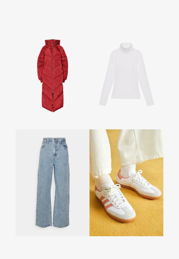 Lang rød dunjakke med hætte, der har en lynlås foran, chevron-quilting og elastiske manchetter. Fremstillet af et skinnende, isoleret materiale.; Hvid langærmet turtle-neck top lavet af glat, strækbart stof. Har en høj krave og tætsiddende design, uden synlige mønstre eller udsmykninger.; Lyseblå vidde denimjeans med høj talje, frontknap, lynlås og femlomme-design på ensfarvet baggrund.; Hvide sportsko med lyserøde accenter, lavet af ruskind og læder, rund tå og gummisål, vist med lyse sokker på en gul baggrund.
