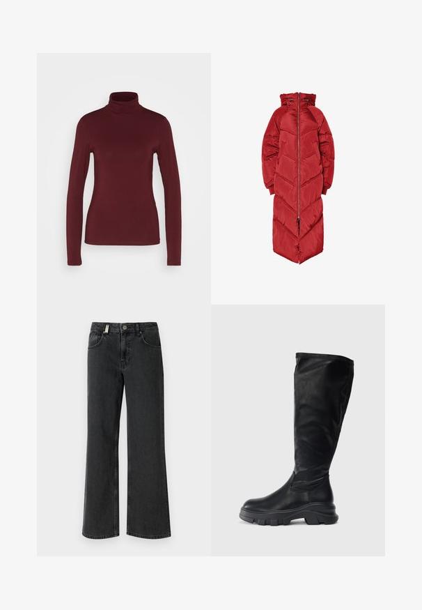 Pitkä punainen toppatakki huppulla, jossa on etuvetoketju, kalanruotokuvioinen tikkaus ja joustavat hihansuut. Valmistettu kiiltävästä, eristävästä materiaalista.; Pieces PCSIRENE ROLLNECK - Pitkähihainen paita - tawny port; Mustat farkut leveällä lahkeella, joissa on keskikorkea vyötärö, kaksi etutaskua ja kontrastia ompelua sileässä kankaan pinnassa.; Mustat polven yli ulottuvat saappaat, jotka on valmistettu sileästä nahasta. Saappaissa on tukevat kumipohjat, joissa on kuvioitu pito, ja ne ovat virtaviivaisessa muotoilussa.