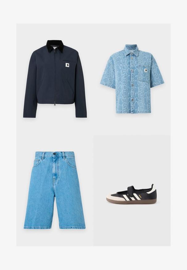 Marineblå lynlåsjakke med sort krave, to frontlommer, brystlomme med lynlås, og hvid firkantet logo-patch på brystet.; Kortærmet denimskjorte i lyseblå med et struktureret dyreprint, med knaplukning foran og en enkelt brystlomme.; Lysblå denimshorts med en afslappet pasform, der har bæltestropper, en knaplukning og forlommer. Stof har en glat tekstur.; Sort og beige sko med velcrolukning, tre hvide striber på siden og en tekstureret brun gummisål. Mærkelogo er synligt.
