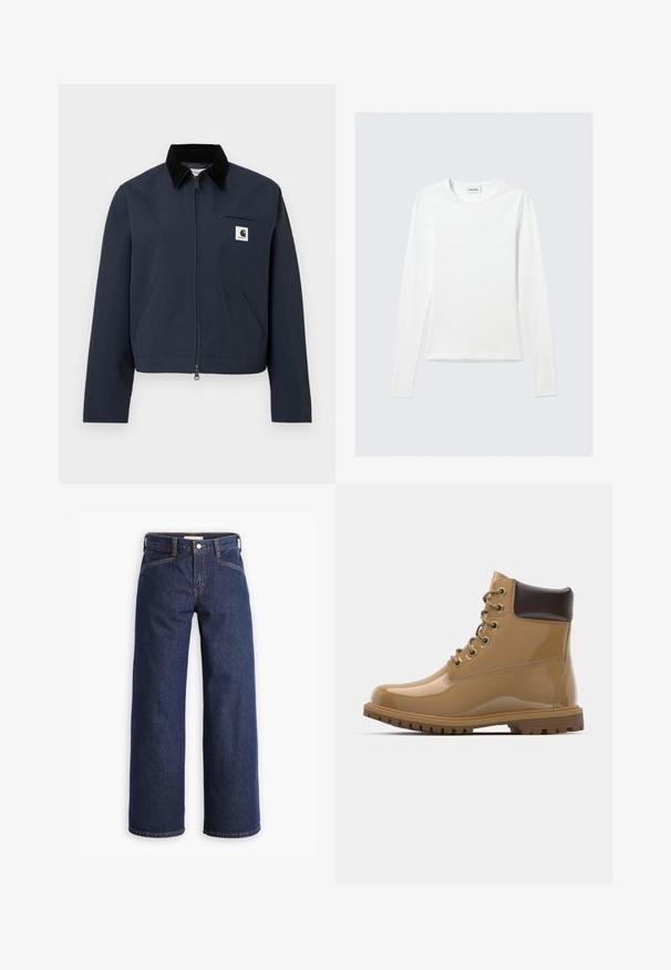 Marineblaue Zip-Jacke mit schwarzem Kragen, zwei vorderen Taschen, einer Brusttasche mit Reißverschluss und einem weißen quadratischen Logo-Patch auf der Brust.; Langärmliges, schlichtes weißes Rundhals-Shirt mit schlanker Passform, dargestellt vor einem hellgrauen Hintergrund.; Dunkelblaue Jeans mit hoher Taille, weitem Bein und dezentem orangem Nähgarn. Mit einer Frontknopf- und Reißverschlussöffnung.; Tägliche Schnürstiefeletten aus patentlederen Material in Tan mit braunen Akzenten, runder Zehenpartie, sechs Metallösen, braunen Schnürsenkeln und strukturierten Gummisohlen.