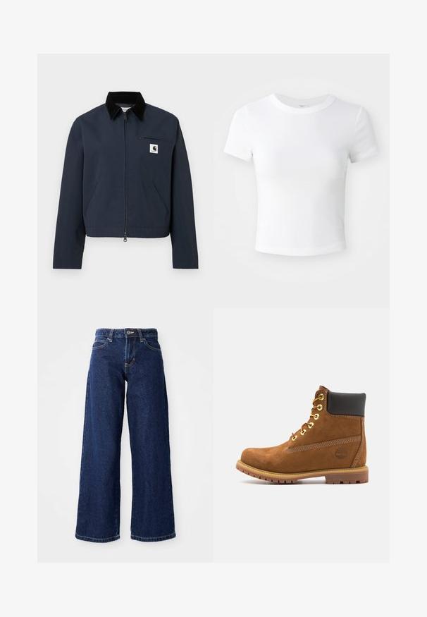 Donkerblauwe ritsjack met zwarte kraag, twee voorkruim pockets, borstzak met rits en witte vierkante logopatch op de borst.; Effen witte cropped t-shirt met korte mouwen en ronde hals, weergegeven op een neutrale lichte achtergrond.; Donkerblauwe wijde spijkerbroek van denim, met een knoop- en ritssluiting, riemlussen en klassieke vijf-pocketontwerp.; Bruine suède enkellaars met zwarte gewatteerde kraag, gouden oogjes, vetersluiting aan de voorkant en een rubberen zool met een gestructureerd patroon.
