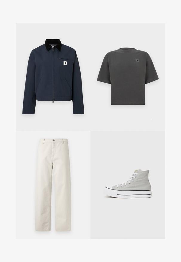 Chaqueta de cremallera azul marino con cuello negro, dos bolsillos frontales, bolsillo con cremallera en el pecho y parche de logo cuadrado blanco en el pecho.; Camiseta de manga corta de gran tamaño en gris oscuro, con cuello redondo y pequeña parche con el logo de Carhartt en el pecho izquierdo.; Pantalones de pierna ancha en beige con sutiles rayas verticales, trabillas para cinturón, cierre con botones y bolsillos delanteros.; Zapatillas altas de lona gris claro, con cordones blancos, suela de goma blanca y una franja negra a lo largo de la base.