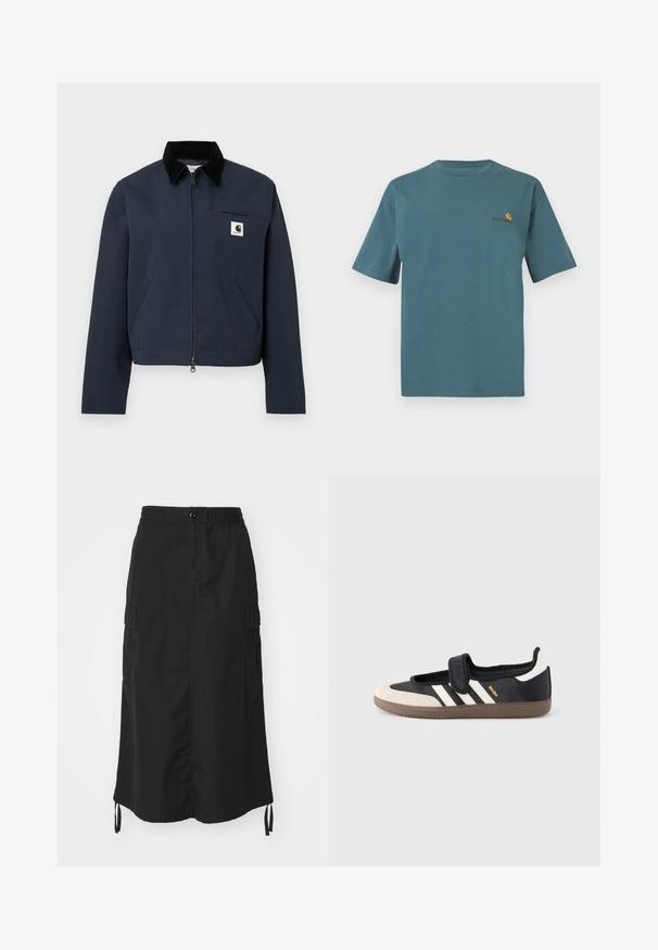 Donkerblauwe ritsjack met zwarte kraag, twee voorkruim pockets, borstzak met rits en witte vierkante logopatch op de borst.; Teal katoenen t-shirt met korte mouwen, voorzien van een ronde halslijn en een klein geborduurd logo in oranje en bordeaux op de borst.; Zwarte mid-lange rok van lichtgewicht stof. Heeft een elastische tailleband, knoopsluiting en zijzakken met trekkoordaccenten.; Zwart-beige sneaker met een klittenbandsluiting, drie witte strepen aan de zijkant en een getextureerde bruine rubberen zool. Merkembleem zichtbaar.