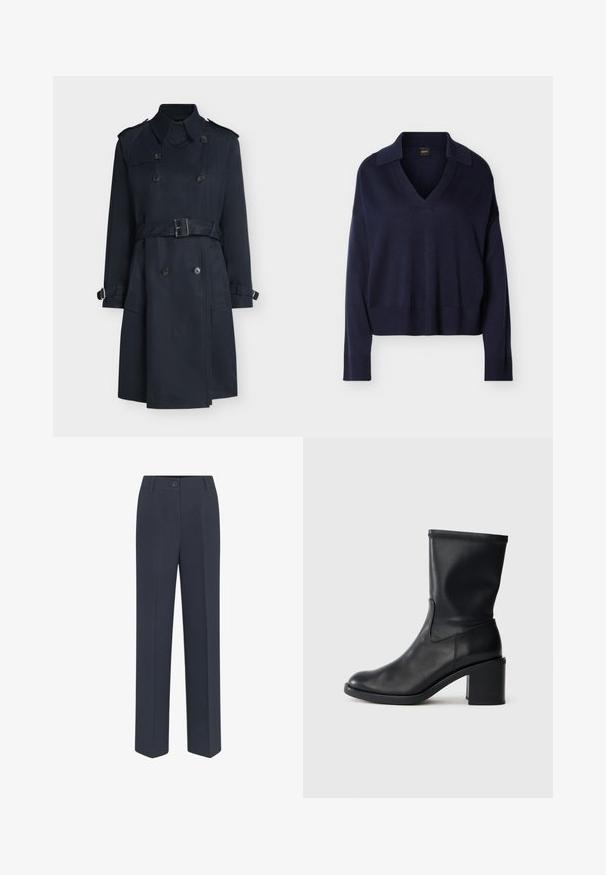 Sort dobbeltradet trenchcoat med bælte, skulderklapper og spænder på manchetterne, vist på hvid baggrund.; Mørkeblå langærmet V-hals sweater med krave, ribbede manchetter og kant, vist på en ensfarvet hvid baggrund.; Marineblå, skræddersyede bukser med lige ben, der har lukkefunktion foran med knap og diskrete stolpefure detaljer. Glat stofstruktur.; Sort læder ankelstøvle med rund tå, glat tekstur og en grov hæl, der har et tætsiddende skaft og subtil syning.