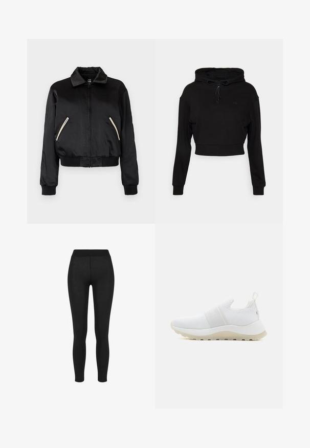 Sort satin bomberjakke med ribbet kant, der har to sidelommer med kontrasterende hvide lynlåse og et klassisk kravedesign.; Even&Odd active Hættetrøje - black; Sorte leggings i glat stof, med høj talje, tætsiddende design og uden synlige sømme, velegnet til afslappet eller aktivt brug.; Calvin Klein RUNNER SLIP ON - Sneakers - white