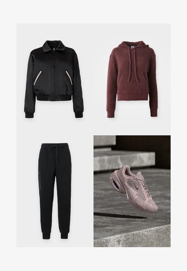 Mustat satiin bomber-takit, joissa on uurrettu helma, kahdella sivutaskulla, joissa on kontrastiväriset valkoiset vetoketjut, sekä klassinen kaulustyyli.; Burgundy pullover-huppari pehmeästä, teksturoidusta kankaasta, jossa on etupuolella kengurutasku, nyörihuppu sekä ribbaus helmassa ja hihoissa.; Mustat collegehousut, joissa on nauhavyötärö, vetoketjullinen sivutasku ja kavennetut hihnat. Valmistettu pehmeästä, teksturoidusta kankaasta.; Nike-tossu vaaleanpunaisena, jossa on verkkomateriaalia päällisenä, pyöreä pohja ja näkyvä pehmustus. Sileä pinta kohokuvioiduilla yksityiskohdilla.
