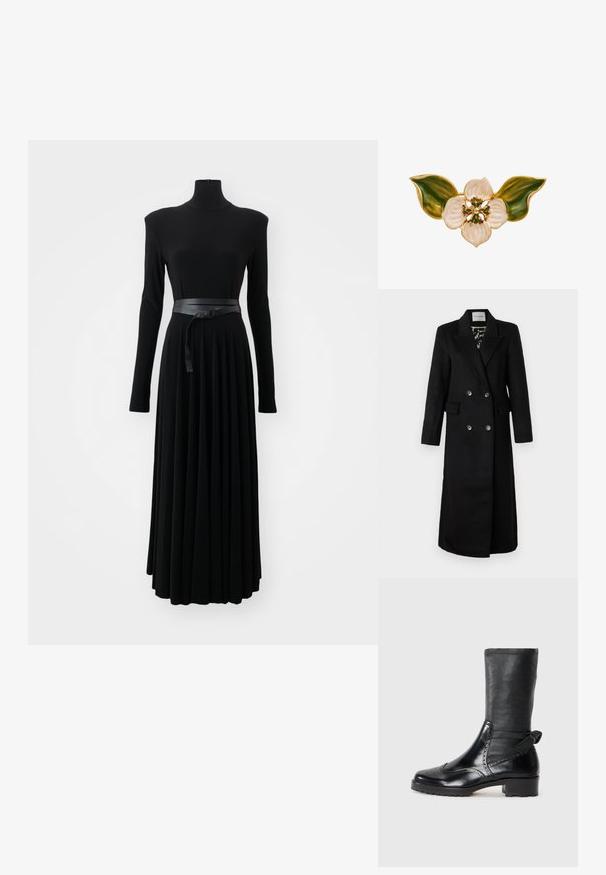 Schwarzer doppelt geknöpfter Mantel aus glattem Material, mit Reverskragen, zwei Taschen und silbernen runden Knöpfen.; Norma Kamali SHOULDER PAD TURTLE FLARED DRESS TO MIDCALF - Jerseykleid - black; Schwarze Knöchelstiefel mit einem Obermaterial aus glattem Leder, Broguemuster, runder Zehenform und einem Blockabsatz mittlerer Höhe. Verfügt über einen weichen, strukturierten Schaft.; Goldfarbene florale Brosche mit weißen Blütenblättern aus Emaille, grünen Blättern und grünen Perlenakzenten in der Mitte, mit glänzendem Finish und detaillierter Textur.