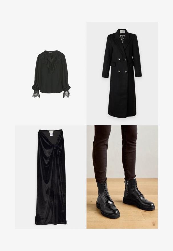 Zwarte dubbele-breasted jas van gladde stof, met notch-lapels, twee zakken en zilveren ronde knopen.; Zwarte blouse met een ruches van kant bij de kraag en kantaccenten bij de mouwmanchetten. Zachte stof met een ontspannen pasvorm en v-hals ontwerp.; GmbH LONG SKIRT WITH A KNOT - Maxirok - black; Zwarte leren enkellaarsjes met brogue-details, een vetersluiting aan de voorkant, ritsen aan de zijkant en gestructureerde rubberen zolen. Gecombineerd met donkere slim-fit broek.