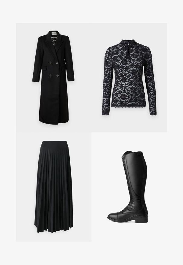 Zwarte dubbele-breasted jas van gladde stof, met notch-lapels, twee zakken en zilveren ronde knopen.; Rosemunde Longsleeve - black; Plisséd zwarte maxi-rok met een brede elastische tailleband. Gemaakt van zachte, vloeiende stof, met verticale plooien voor extra textuur.; Zwarte leren rijlaarzen met een hoge schacht, veter sluiting aan de voorkant, een ronde neus en een lage hak. Glad textuur en slank ontwerp.
