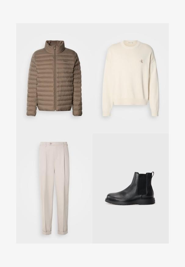 Veste matelassée de couleur marron clair avec un quilting horizontal, col haut et fermeture éclaire à l'avant. Présente une étiquette de logo sur le côté supérieur gauche.; Pull en tricot couleur crème avec une texture côtelée, col rond et épaules tombantes. Présente un petit logo brodé marron sur la poitrine.; Pantalon beige en tissu lisse, avec une coupe droite, un pli simple et des ourlets retroussés. Comprend une fermeture à bouton à l'avant.; Bottes Chelsea en cuir noir avec une finition texturée, des panneaux latéraux élastiques et une semelle en caoutchouc robuste. Branding subtil sur le talon.