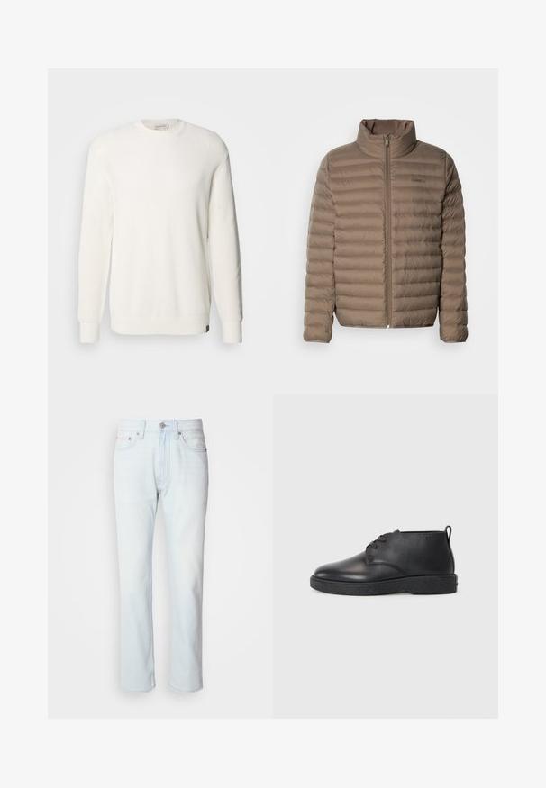 Veste matelassée de couleur marron clair avec un quilting horizontal, col haut et fermeture éclaire à l'avant. Présente une étiquette de logo sur le côté supérieur gauche.; Calvin Klein Jeans CREW - Pullover - tofu; Jean en denim bleu clair avec une coupe droite. Présente une fermeture à bouton et des passants de ceinture, mettant en valeur une texture décolorée et des coutures minimalistes.; Bottines noires en cuir avec une texture lisse, bout rond et semelle en caoutchouc noir. Comprend un laçage et un tirant à l'arrière pour un enfilage facile.
