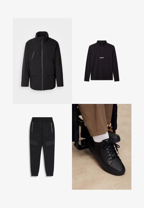 Chaqueta negra con cuello alto, cierre frontal completo, dos bolsillos en el pecho con cremallera y dos bolsillos frontales con solapa; textura suave y corte relajado.; Jersey de manga larga negro de Calvin Klein con cremallera de cuarto y logo blanco impreso en el pecho.; Pantalones jogger negros con cintura elástica, cordones, bolsillos laterales con cremallera y detalle adicional de tela en los muslos, tobillos con puños.; Zapatilla deportiva de cuero negro con cordones y cremallera lateral, usada con calcetines blancos y pantalones marrones, pie apoyado en el reposapiés de una silla de ruedas.