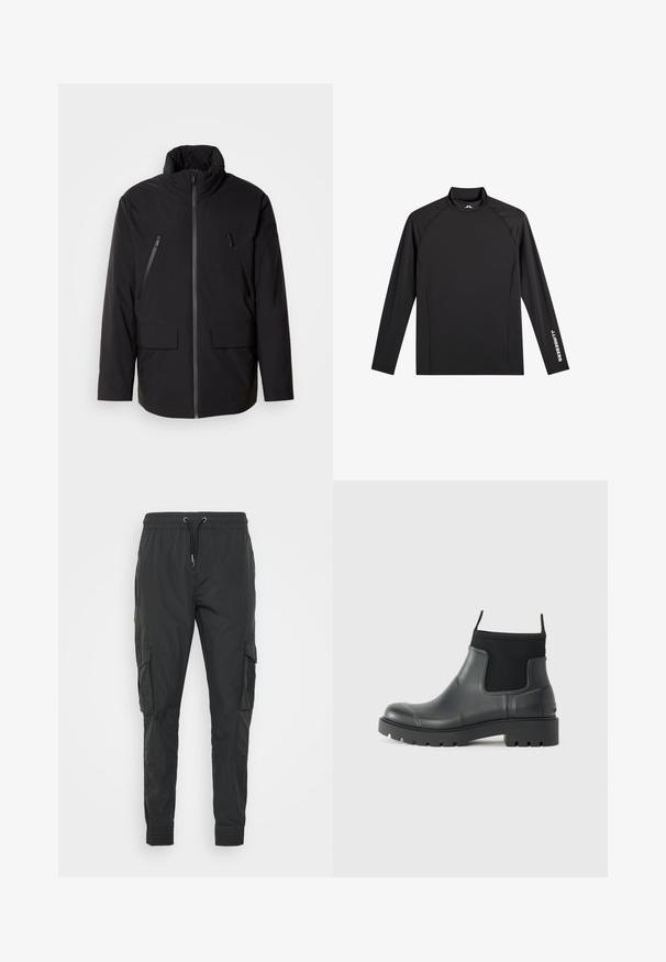 Schwarze Jacke mit hohem Kragen, durchgehendem Reißverschluss, zwei Zipper-Brusttaschen und zwei Frontklapptaschen; glatte Textur und lockere Passform.; Schwarzes Langarm-Sportoberteil mit Stehkragen, schlanker Passform und weißem "J.Lindeberg"-Logo am linken Ärmel und Kragen.; Schwarze Cargo-Hosen aus leichtem Stoff, mit einem verstellbaren Kordelzugbund, elastischen Bündchen und zwei Seitentaschen.; Schwarze Knöchelstiefel aus Gummi mit matter Oberfläche, die ein schlankes Design, elastische Einsätze und eine robuste Sohle für bessere Bodenhaftung bieten.