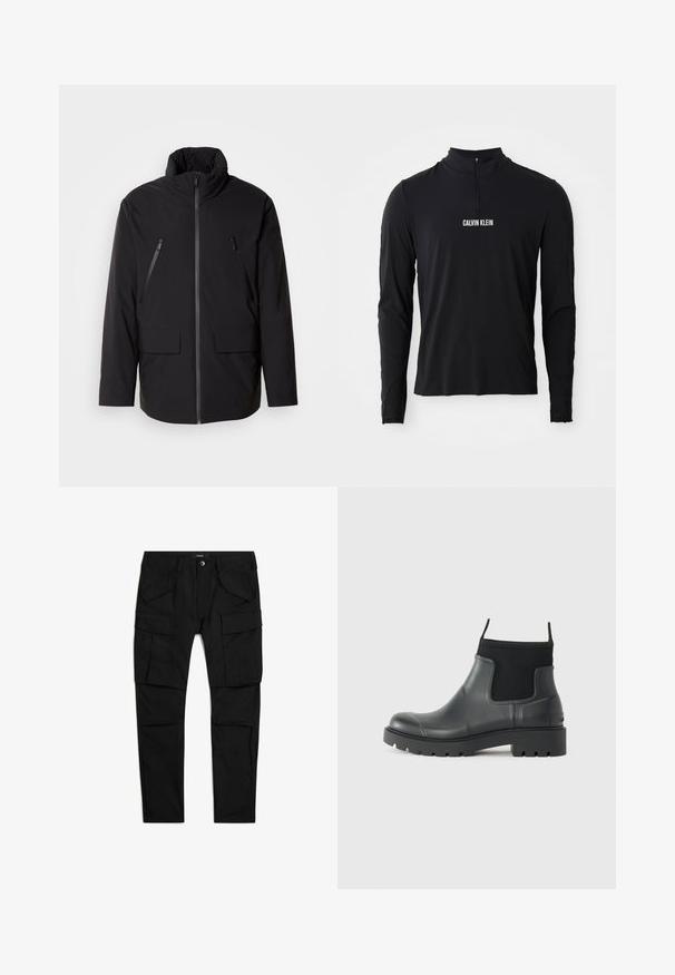 Schwarze Jacke mit hohem Kragen, durchgehendem Reißverschluss, zwei Zipper-Brusttaschen und zwei Frontklapptaschen; glatte Textur und lockere Passform.; Schwarzes Langarmoberteil mit hohem Kragen, ausgestattet mit einem Viertel-Reißverschluss und weißem "CALVIN KLEIN" Logo auf der Vorderseite. Glatter, elastischer Stoff.; Schwarze Cargohose mit mehreren Klappentaschen vorne und an den Seiten, Knopfverschluss und Gürtelschlaufen, flach auf weißem Hintergrund ausgelegt.; Schwarze Knöchelstiefel aus Gummi mit matter Oberfläche, die ein schlankes Design, elastische Einsätze und eine robuste Sohle für bessere Bodenhaftung bieten.