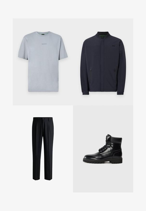 Marineblå lynlåstrøje med opretstående krave, elastiske manchetter, to lynlåslommer i siden, subtilt lodret mønster og lille logo på brystet.; Lyseblå T-shirt med korte ærmer lavet af blødt stof med rund hals. Har en broderet "BOSS" logo på brystet.; Sorte bukser lavet af glat stof, med lige ben-design, plisseringer foran og knaplukning med bæltestropper.; Sort læder ankelstøvle med en blank finish, snørelukning, polstret krave og en robust gummisål med skridgreb.
