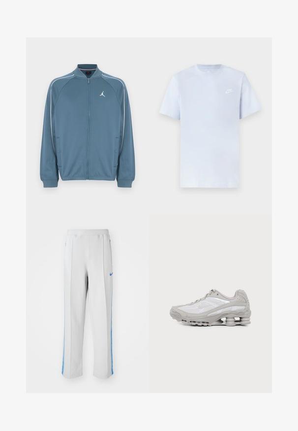 Blauwe jas met rits en hoge kraag, witte accentstrepen en een klein logo op de linkerborst. Gemaakt van glad, lichtgewicht materiaal.; Lichtblauwe katoenen t-shirt met korte mouwen, ronde hals en een wit Nike-logo gedrukt op de linkerborst. Glad textuur, eenvoudig ontwerp.; Lichtgrijze sportbroek met blauwe zijstrepen, met een relaxte pasvorm, elastische tailleband en ritszakken. Nike-logo aan de voorkant.; Grijze en witte sportschoen met zichtbare luchtkussenzool en meshpanelen, in profiel weergegeven op een eenvoudige lichte achtergrond.