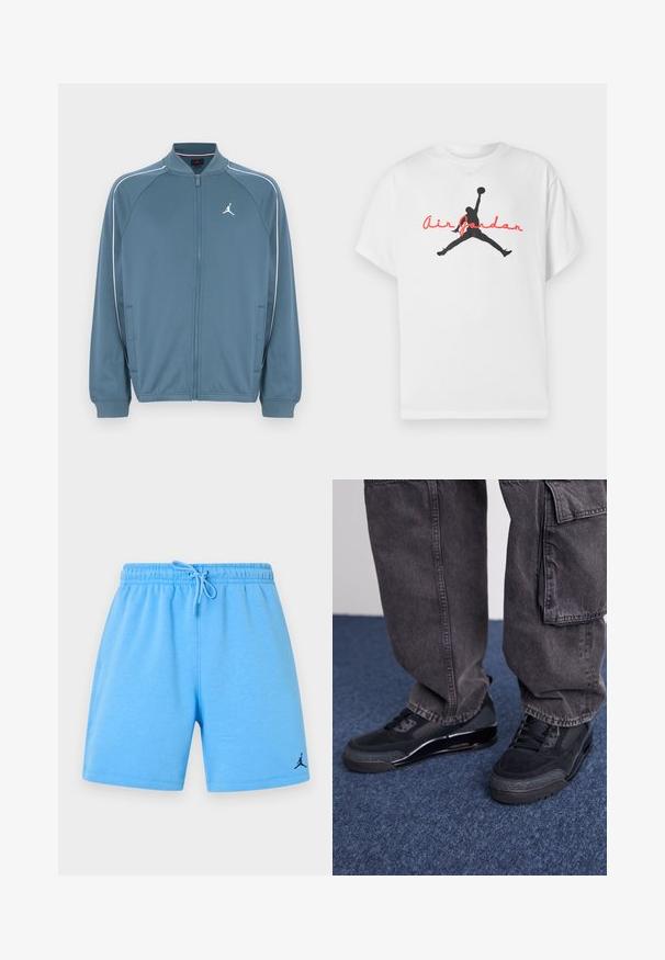 Veste à fermeture éclair bleue avec un col montant, des bandes blanches en accent, et un petit logo sur le côté gauche de la poitrine. Fabriquée en tissu lisse et léger.; T-shirt en coton blanc avec une silhouette noire d'un joueur de basket-ball et le texte rouge « Air Jordan » sur la poitrine. Manches courtes, coupe classique.; Shorts de sport bleu clair avec taille élastique, cordon ajustable et petit logo Jumpman noir sur la partie inférieure de la jambe gauche.; Des chaussures de sport noires avec une surface texturée, des accents lisses et une semelle épaisse, accompagnées de pantalons cargo larges et foncés.