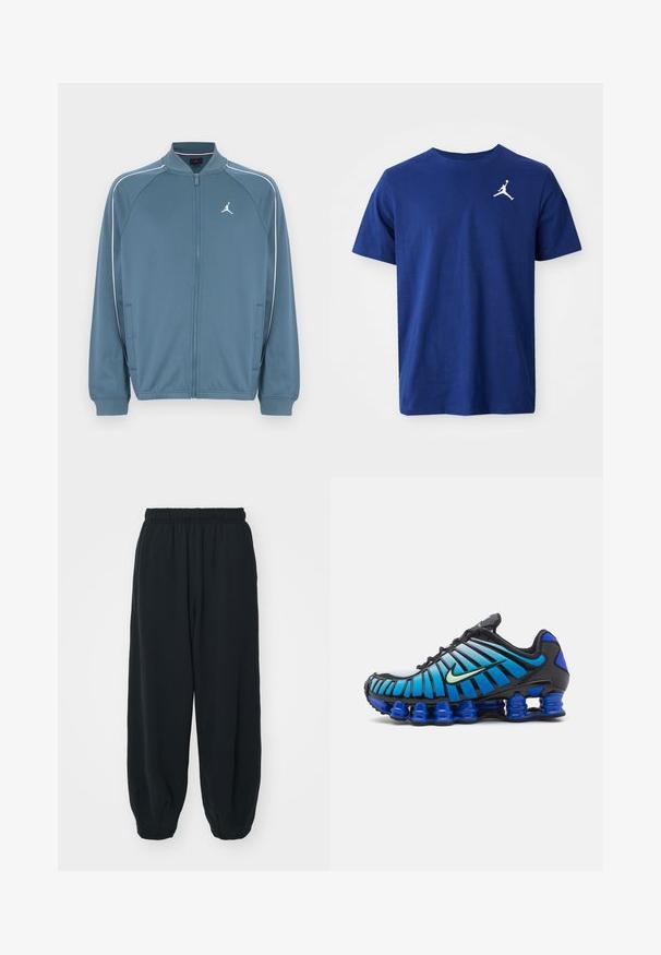 Chaqueta azul con cremallera y cuello alto, con franjas blancas de acento y un pequeño logo en el pecho izquierdo. Fabricada con tela suave y ligera.; Camiseta de manga corta azul con cuello redondo y el logo blanco de Jumpman en el lado izquierdo del pecho.; Pantalones de chándal negros con cintura elástica, de corte holgado, con puños en los tobillos, textura suave y sin patrones visibles ni acentos metálicos.; Nike Sportswear SHOX TL - Zapatillas - black/vapor green/racer blue