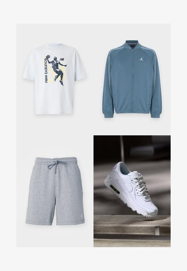 Blauwe jas met rits en hoge kraag, witte accentstrepen en een klein logo op de linkerborst. Gemaakt van glad, lichtgewicht materiaal.; Lichtblauw katoenen T-shirt met een donkere silhouet van een basketbalspeler en "new balance" tekst in contrasterende kleuren. Korte mouwen.; Grijze sweatshorts gemaakt van zachte stof, met een elastische tailleband met een trekkoord en een subtiel logo op het onderste deel van het linkerpantalon.; Witte leren sneaker met gestructureerde oppervlakken, gevoerde kraag en zichtbare luchtbescherming in de zool. Heeft veters en een minimalistisch ontwerp.