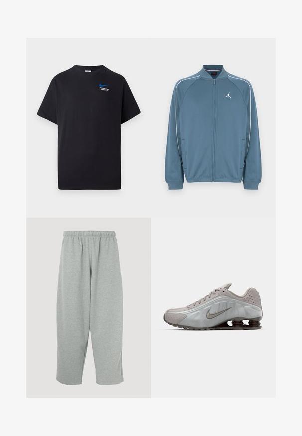 Blå jakke med lynlås og høj krave, hvide accentstriber og et lille logo på venstre bryst. Fremstillet af glat, letvægtsstof.; Sort kortærmet T-shirt med lille blå Nike swoosh og hvid tekst "ATHLETIC DEPT JUST DO IT." på øverste venstre bryst.; Lysegrå joggingbukser med elastisk taljebånd, konisk ben-design og blød tekstur. Ingen synligt mærke eller mønstre.; Nike løbesko i lysegrå med en glat tekstur, buet design og synlige støddæmpningsfjeder i mørkebrun ved hælen.