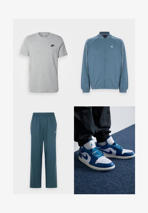 Blauwe jas met rits en hoge kraag, witte accentstrepen en een klein logo op de linkerborst. Gemaakt van glad, lichtgewicht materiaal.; Grijze T-shirt met korte mouwen van katoen, voorzien van een zwart Nike-logo op de borst en een ronde halslijn. Minimalistisch ontwerp zonder patronen.; Donkergroene sportbroek met een elastische tailleband, twee zijzakken, witte strepen aan de zijkant en een klein logo op de linker dij.; Nike Air Jordan sneakers hebben een witte leren basis met blauwe synthetische accenten, een geperforeerde neusdoos en blauwe veters.