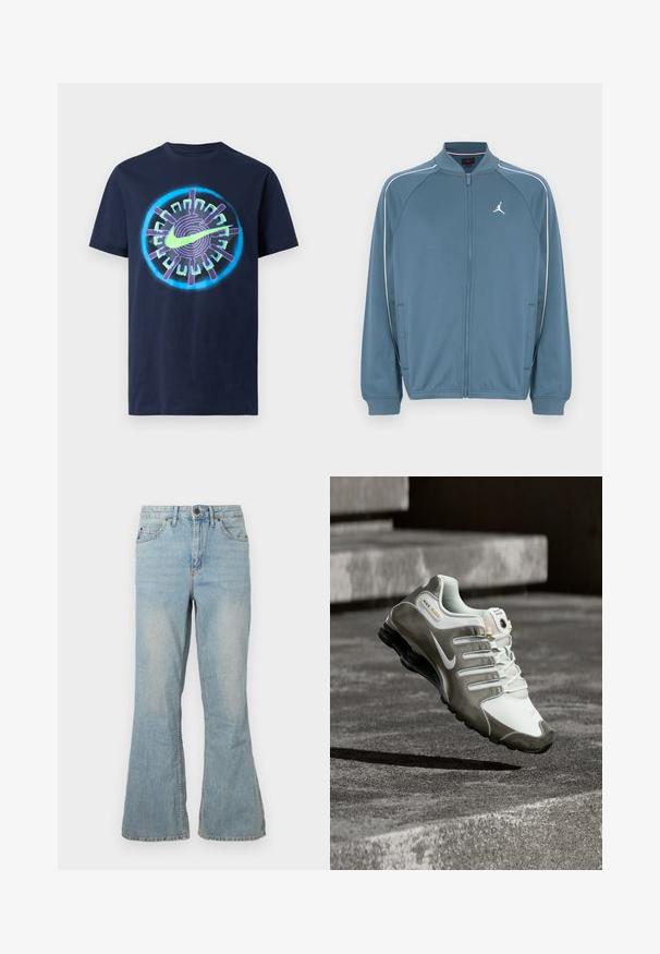 Modrá bunda na zips s vysokým golierom, bielymi akcentovými pruhmi a malým logom na ľavej strane hrude. Vyrobená z hladkej, ľahkej látky.; Tyrkysovo modré bavlnené tričko s kruhovou grafikou s neonovo zelenými a purpurovými akcentmi, vrátane výrazného loga Nike v strede.; Svetlomodré rifľové nohavice s rozšírenými nohavicami, stredným pásom, piatimi vreckami a viditeľným šitím. Majú hladký povrch a štandardné zapínanie na zips.; Biela a sivá teniska Nike Shox s čiernou podrážkou vznášajúca sa nad betónovými schodmi v mäkkom prirodzenom svetle.