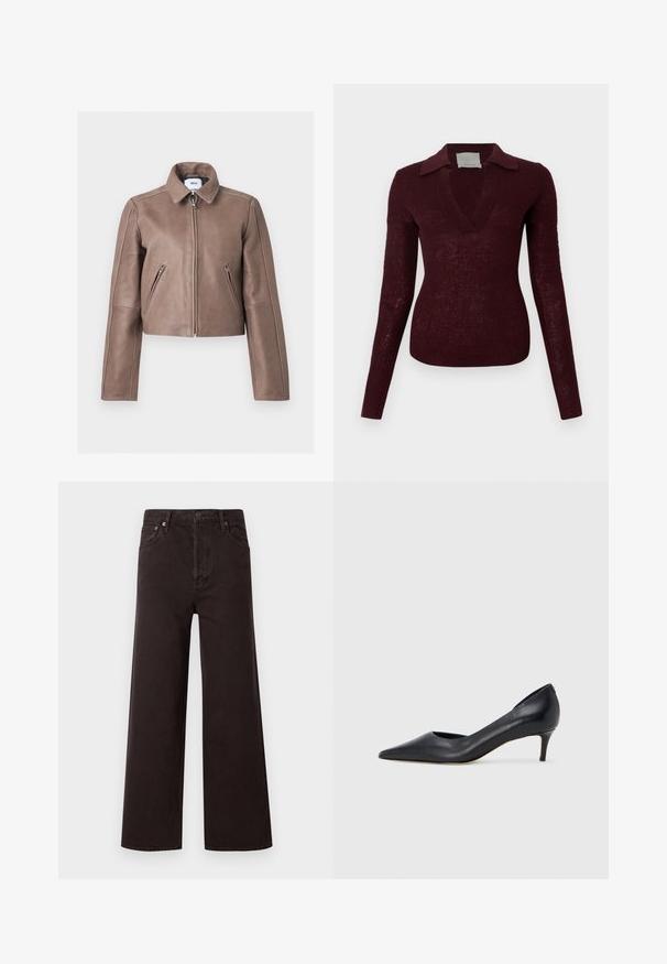 Veste en cuir marron avec fermeture éclair frontale, deux poches zippées inclinées, col structuré et manches longues, montrée à plat sur fond blanc.; Pull en maille bordeaux foncé à manches longues, col en V large et col plat, silhouette ajustée sur fond blanc.; Jean noir à jambes larges avec taille haute, fabriqué en denim. Dispose de cinq poches et d'une fermeture à bouton en métal, texture lisse et design classique.; Escarpin en cuir noir avec un bout pointu et un talon bas. Présente une texture lisse et un éclat subtil. Découpe ouverte à l'avant pour un détail supplémentaire.