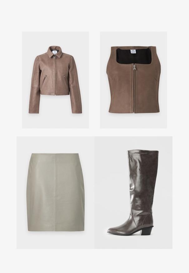 Veste en cuir marron avec fermeture éclair frontale, deux poches zippées inclinées, col structuré et manches longues, montrée à plat sur fond blanc.; Veste courte marron sans manches en cuir synthétique avec fermeture éclair devant et encolure carrée, doublure intérieure noire et étiquette de la marque à l'intérieur.; Jupe en cuir beige longueur genou avec une coupe droite et une couture verticale centrale, présentée sur un fond blanc.; Bottine en cuir gris foncé pour femmes grandes, avec un talon moyen et un bout arrondi, vue de côté sur fond blanc.