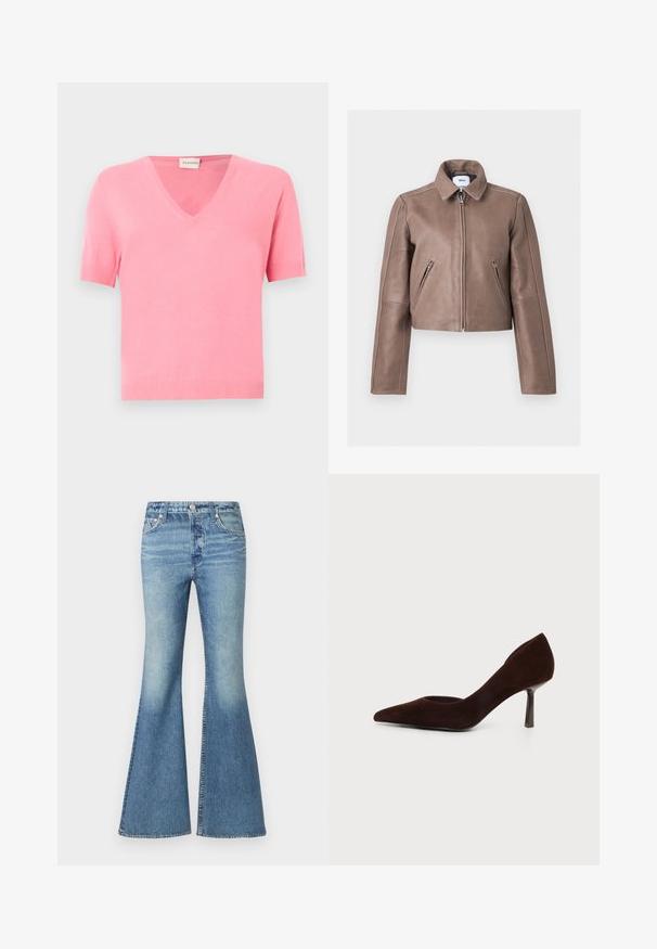 Veste en cuir marron avec fermeture éclair frontale, deux poches zippées inclinées, col structuré et manches longues, montrée à plat sur fond blanc.; Pull rose à manches courtes avec col en V, poignets et ourlet côtelés, présenté sur un fond gris clair.; Jean flare bleu clair en tissu denim doux, avec une taille haute, un effet délavé autour des cuisses et un design classique à cinq poches avec des éléments métalliques.; Chaussure à talon haut en daim marron foncé à bout pointu avec un talon étroit de hauteur moyenne sur un fond clair uni.
