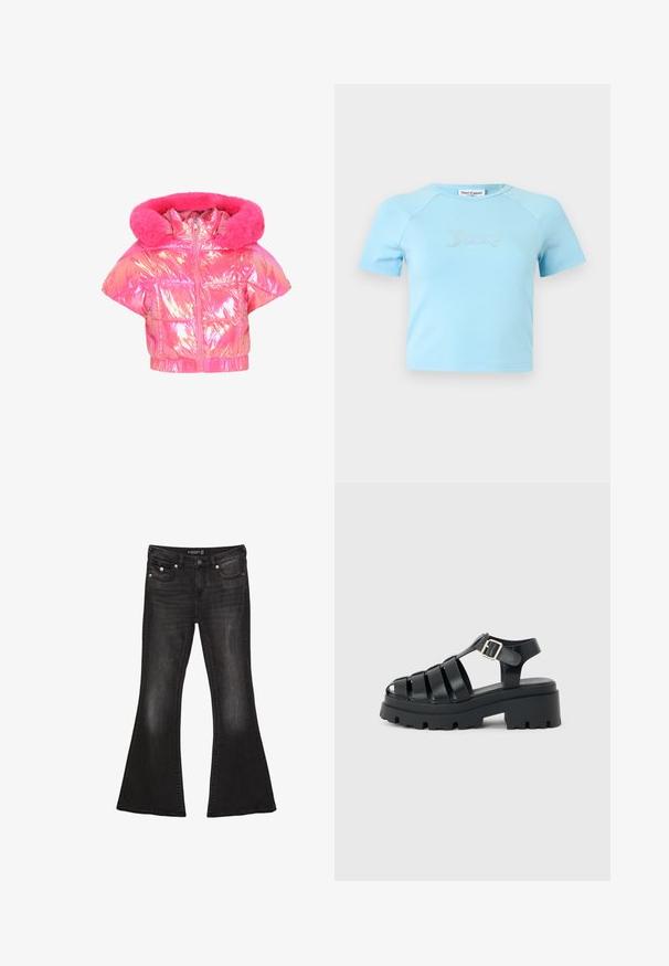 Pink dunjakke med en blank, iriserende finish, korte ærmer, en pelsforet hætte og lynlås foran.; Lyseblå crop top med korte ærmer og rund halsudskæring med teksten "Juicy" i rhinsten midt på brystet.; Sorte denim flare jeans med mid-waist, der har fem lommer, kontrasterende syninger og hardware i sølvfarve.; Sort chunky platform sandal med flere stropper, åben tå, ankestropp og sølvspænde på en lysegrå baggrund.