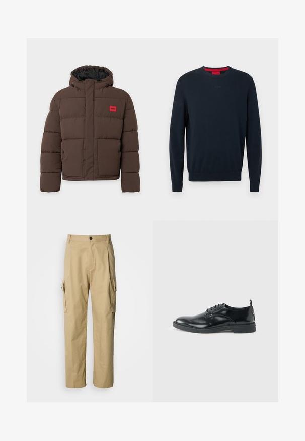 Veste matelassée marron avec capuche, fermeture éclair avant recouverte d'un rabat, deux poches avant avec boutons, et écusson logo Hugo rouge sur la poitrine.; Pull ras du cou bleu marine en tissu doux. Comprend des manches longues, des poignets côtelés, et un petit logo embossé sur le devant.; Pantalon cargo beige en tissu résistant, avec une coupe décontractée, des poches latérales et une fermeture par bouton à la taille.; Chaussure habillée en cuir noir brillant avec un petit talon, fermeture à lacets et bout rond, vue de côté sur un fond uni et clair.