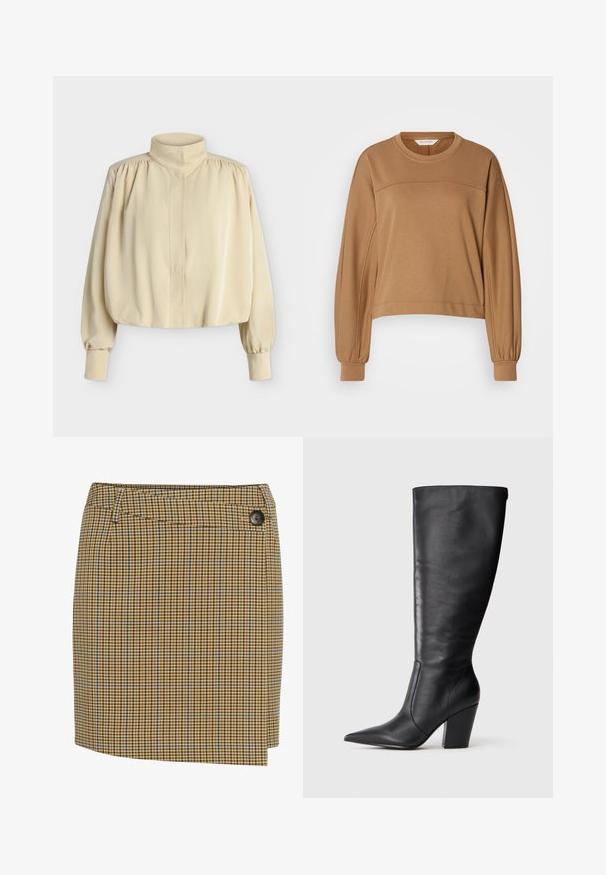 Beige langærmet bluse med høj krave, rynkede skuldre, knaphulsmanchetter og en løs, let kortet pasform på en ensfarvet baggrund.; Afskåret, langærmet sweatshirt i lysebrun. Lavet af blødt materiale med en rund halsudskæring og plisserede ærmekanter. Enkel søm detalje.; Brun og gulternet nederdel med blå detaljer. Har en lige skæring, sidelukning med knapper og glat tekstur.; Sort læderknehøj støvle med spids tå og kraftig høj hæl, vist i venstre sideprofil på hvid baggrund.