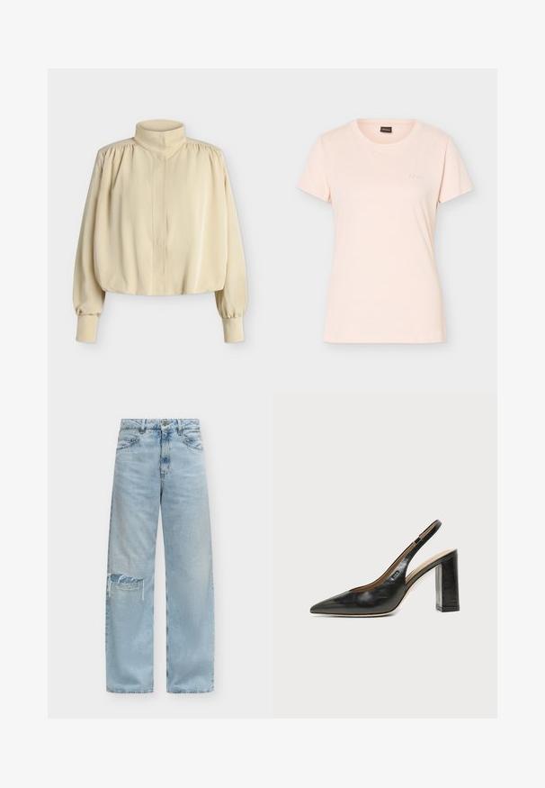 Blouse beige à manches longues avec col montant, épaules bouffantes, poignets boutonnés et coupe ample légèrement raccourcie sur fond uni.; T-shirt rose clair à manches courtes avec col rond, petit logo BOSS embossé sur la poitrine gauche et étiquette noire à l'intérieur du col.; Jean bleu clair taille haute à jambes larges avec un patch usé sur le genou gauche et un style classique à cinq poches.; Chaussure slingback en cuir noir à bout pointu avec un talon bloc haut et une doublure intérieure beige sur un fond clair uni.
