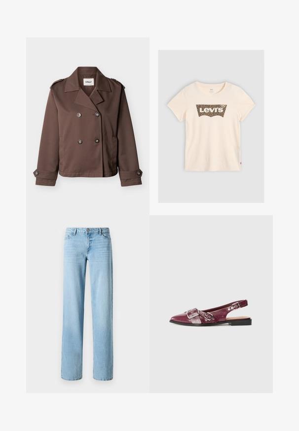 Dobbeltradet brun cropped jakke med brede revers, knaplukning på manchetter og skulderepåletter, mærket ONLY.; Cremefarvet bomulds T-shirt med korte ærmer, der har et leopardprintet Levi's-logo på fronten. Stoffet ser glat og blødt ud.; Lysblå denimjeans, lige ben-design, med fem lommer og en frontlukning med knap. Glat tekstur med subtil falming.; Vinrød læder slingback-sko med spids tå, der har dobbelte spænderemme og en flad sort sål for stabilitet.