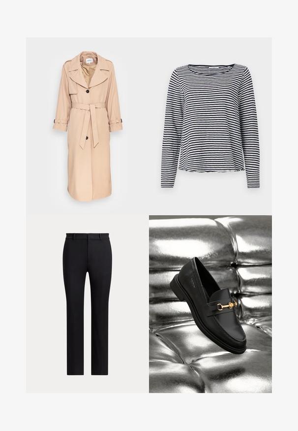 Beige trench coat valmistettu sileästä kankaasta, vyötäröllä oleva vyö, leveä kaulus ja kaksiriviset napit. Pitkät hihat säädettävillä mancheteilla.; Pitkähihainen paita tummansinisessä ja valkoisessa raidallisessa kuosissa. Ominaisuuksina pyöreä kaula-aukko ja rento mitoitus. Valmistettu kevyestä, teksturoidusta kankaasta.; Mustat suorat housut vyölenkeillä ja kapealla istuvuudella, esitetty yksiväristä vaaleaa taustaa vasten.; Musta nahkakengät loafer-tyylissä, jossa on kultasävyinen yksityiskohta. Kengässä on tyylikäs muotoilu ja sileä, kiiltävä pinta.
