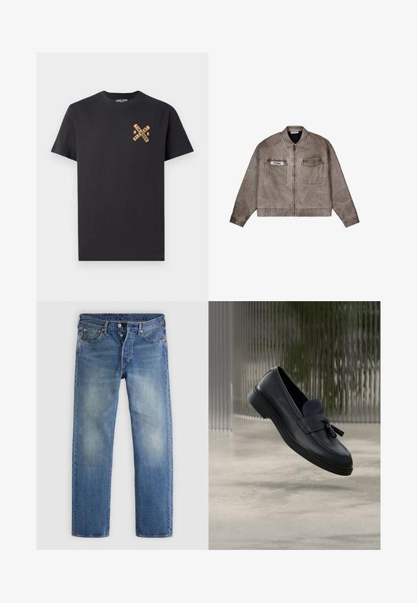 Bruin-grijze jas met ritssluiting, twee klepzakken aan de voorkant, een puntkraag en een klein wit label op de linker zak.; Zwart katoenen T-shirt met een grafisch ontwerp in oranje, waarop de woorden "ELEMENT" en "REMEMBER" in een kruispatroon op de borst zijn afgebeeld.; Blauwe spijkerbroek van denim met een rechte pijp, lichte vervaging, ontwerp met vijf zakken en koperen accenten op de knopen en klinknagels.; Zwarte leren loafers met een gladde textuur, een afgeronde neus en decoratieve kwastjes aan de voorkant. Flexibele rubberen zool met lage hak.