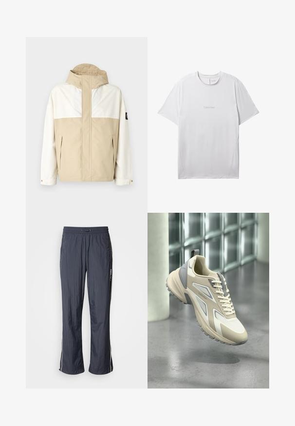Beige og hvid farveblokeret jakke med høj krave, lynlås lommer og justerbare manchetter. Lavet af et glat, vejrbestandigt materiale.; Hvid kortærmet Calvin Klein Performance t-shirt med rund halsudskæring og lille centreret logo på brystet.; Mørkeblå letvægts løbebukser med elastisk talje, sidelommer og hvide accentstriber på siderne. Glat tekstur.; Beige og grå Calvin Klein-sneaker med tyk sål og meshpaneler, der svæver over en glat betongulv med glasblokvæg i baggrunden.
