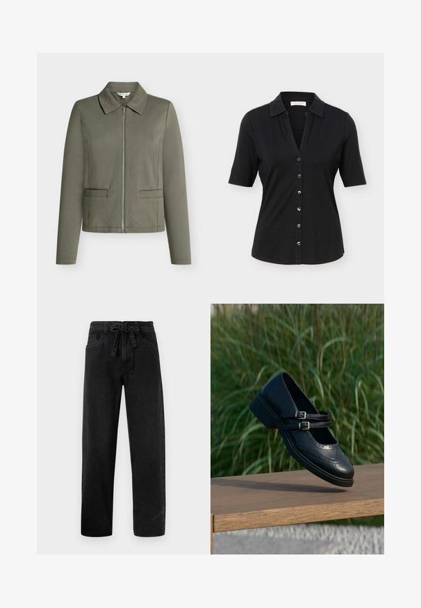 Olivgrüne Zip-Jacke mit spitzem Kragen, langen Ärmeln und zwei vorderen Taschen. Hergestellt aus strukturiertem Stoff.; Schwarzes, kurzärmeliges Hemd mit Knöpfen, Kragen, sechs Knöpfen vorne und einer leicht taillierten Silhouette.; Schwarze Jeanshosen mit einem Kordelzugbund, geradem Beinschnitt, fünf Taschen und einer dezenten, verblassten Textur.; Schwarzer Mary Jane Lederschuh mit doppelten Schnallenriemen und Brogue-Details, schwebend über einer Holzbank mit grünem Gras im Hintergrund.