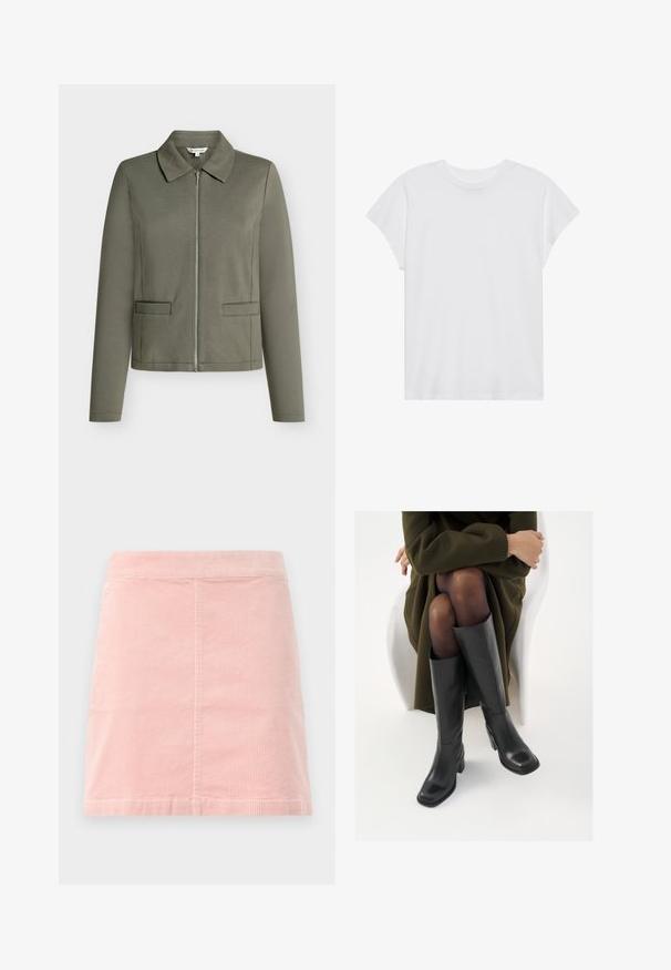 Olivgrüne Zip-Jacke mit spitzem Kragen, langen Ärmeln und zwei vorderen Taschen. Hergestellt aus strukturiertem Stoff.; Weißes kurzärmliges T-Shirt mit Rundhalsausschnitt, lockerer Passform, aus weichem Baumwollstoff. Glatte Textur, keine Muster oder Logos.; Rosa Cord-Ripp-Minirock mit taillierter Passform und vertikaler Rippstruktur. Der Saum ist gerade und er hat ein schlichtes Design ohne Verzierungen.; Knöchelhöhe schwarze Lederstiefel mit quadrater Spitze und Blockabsatz, gezeigt mit einem Modell, das einen olivgrünen Mantel trägt. Glatte Textur, minimale Details.
