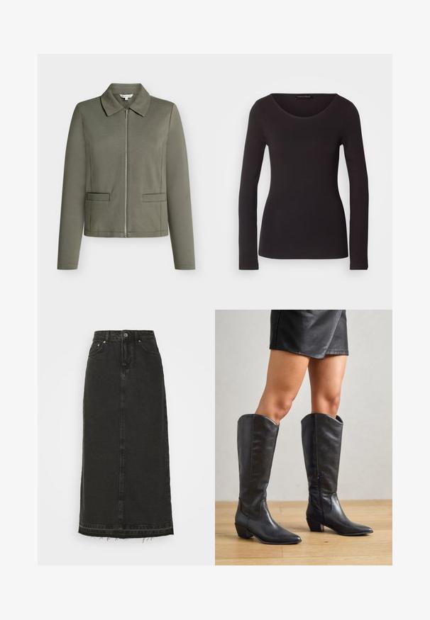 Olivgrüne Zip-Jacke mit spitzem Kragen, langen Ärmeln und zwei vorderen Taschen. Hergestellt aus strukturiertem Stoff.; Schwarzes Langarmoberteil aus glattem Stoff mit rundem Halsausschnitt und figurnaher Silhouette; es hat weder Muster noch Akzente.; Schwarzer Denim-Midirock mit tailliertem Bund, vorderem Knopfverschluss und ausgefranstem Saum. Verfügt über ein klassisches Fünf-Taschen-Design und eine leichte Textur.; Schwarze knielange Stiefel aus glattem Leder, mit spitzem Zehenbereich, niedrigem Blockabsatz und seitlichem Reißverschluss für ein einfaches Anziehen.
