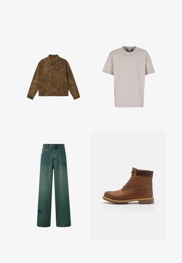Chaqueta vaquera marrón desgastada con cierre de botones, dos bolsillos en el pecho, bolsillos laterales y patrones florales bordados en ambas mangas.; Urban Classics CUFF TEE - Camiseta básica - cloud; Jeans de pierna ancha en denim azul oscuro con una sutil textura desgastada. Con bolsillos traseros y un detalle decorativo de logo.; Botas de senderismo de cuero marrón con un acabado suave, tobillo acolchado, ojales de metal y suela de goma con un patrón de tracción robusto.