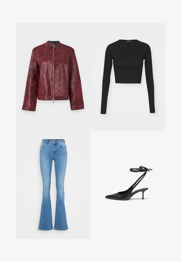 Burgundi värvi nahkjope, millel on krae, tõmblukk ja laiad varrukad; omab pehmet tekstuuri ja minimalistlikku disaini.; Must musta pikkade varrukatega crop top siledast kangast, millel on lipsuga kaelus ja struktureeritud õmblused, mis tagavad sobiva vormi.; Heledad sinine flared teksapüksid, mis on valmistatud denimist, kohati peente sädelevate kivikeste kaunistustega, viie tasku disaini ja nupuga sulgemisega vööl.; Must musta stiletto kingad terava ninaga, avatud seljaosa ja pahkluu rihmadega, mis on seotud kaareks. Kitsa 3-tollise kontsaga. Sile tekstuur, minimalistlik disain.