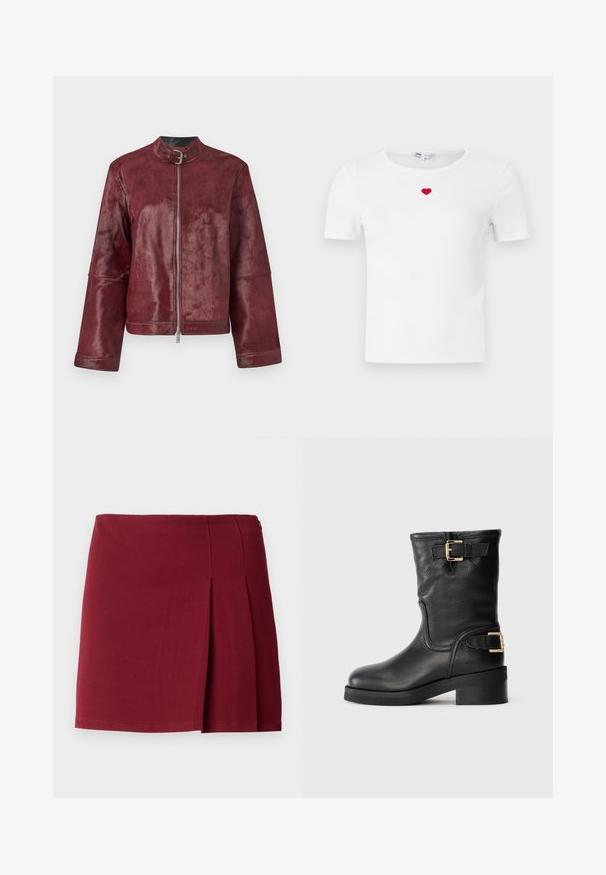Bordeaux læderjakke med krave, lynlås lukning og brede ærmer; har en blød tekstur og minimalistisk design.; Hvid, ribstrikket t-shirt med korte ærmer og et lille rødt hjerte broderet på midten af brystet under halsudskæringen.; Bordeaux plisseret miniskørt med en glat overflade, tætsiddende talje og lynlås i siden. Simple, minimalistisk design uden mønstre.; Sort læder ankelstøvle med en tekstureret overflade, der har guldfarvede spænder og en lav blokhæl. Solid sål og struktureret form.