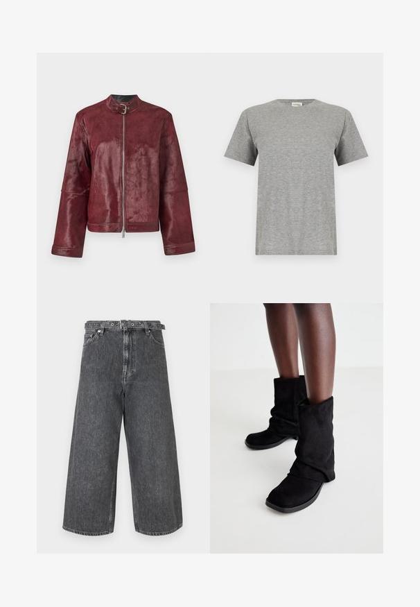 Bordeaux læderjakke med krave, lynlås lukning og brede ærmer; har en blød tekstur og minimalistisk design.; Almindelig grå kortærmet bomuld T-shirt med rund halsudskæring og en lille hvid label inde i kraven med teksten "CLOSED".; Bredde ben jeans i mørkegrå denim. Høj talje med knap- og lynlåslukning, færdige kanter og subtilt slid.; Sorte ruskindsankle støvler med et slouchy design, som har en flad sål og en firkantet tå, vist på mørke ben mod en lys baggrund.