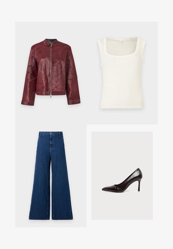 Veste en cuir bordeaux avec un col, une fermeture éclair et des manches larges ; elle présente une texture douce et un design minimaliste.; Débardeur sans manches de couleur crème avec un décolleté carré, une texture côtelée et une coupe ajustée. Tissu lisse avec des bords propres et droits.; Replay PANTS - Jean droit - dark blue; Escarpin femme en cuir noir brillant à talon haut et bout pointu, présenté sur fond blanc.