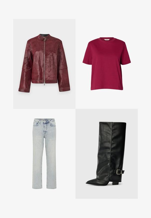 Chaqueta de cuero burdeos con cuello, cierre de cremallera y mangas anchas; presenta una textura suave y un diseño minimalista.; Camiseta lisa burdeos de manga corta con cuello redondo, corte holgado, mostrada sobre fondo blanco liso.; My Essential Wardrobe WIDE 05 THE LOUIS 139 - Vaqueros boyfriend - light blue dirty wash; Botas de cuero negro hasta el tobillo con punta afilada, textura suave y un detalle de hebilla plateada en el lado. Tacón cuadrado grueso.