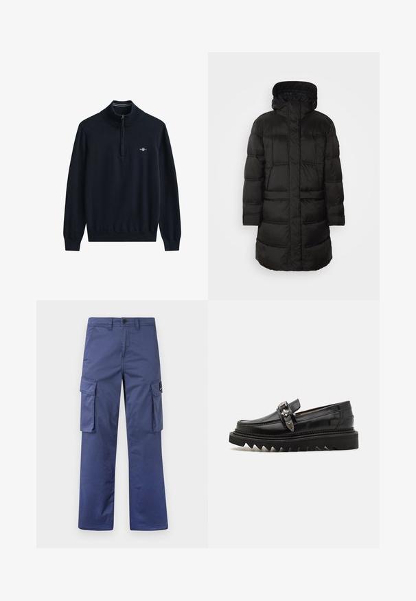 Sort pufferjakke med hætte, der har quiltet struktur og lange ærmer. Designet inkluderer en lynlås foran og to sidelommer.; Marineblå sweater med høj krave og halv lynlås. Ribstrikkede manchetter og kant. Har en lille hvid logo på brystet. Blødt, strikket stof.; Navy cargo bukser lavet af slidstærkt stof, med sidelommer, et lige ben design og en knaplukning i taljen.; Sorte læder loafers med sølv hardware detaljer, en forhøjet zigzag sål og et slankt, afrundet design; glat tekstur og blank finish.