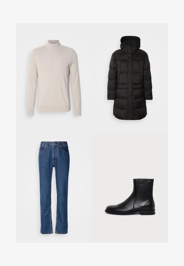 Sort pufferjakke med hætte, der har quiltet struktur og lange ærmer. Designet inkluderer en lynlås foran og to sidelommer.; Lys beige turtleneck sweater lavet af blødt stof. Har ribbede manchetter og kant, med et diskret logo på brystet. Klassisk design.; Blå denimjeans med lige snit, fem-lomme-design og lys syning. Har lynlås og knaplukning foran.; Sort læderankelstøvle med lav hæl, sidesyning og lille "HUGO" logo på den øverste manchet mod en ensfarvet baggrund.
